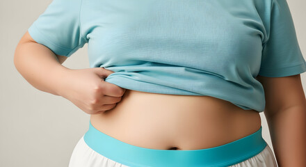 Person's hand pinching their belly fat, reflecting body image concerns, weight management challenges, and the pursuit of a healthier physique and lifestyle goals