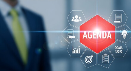 Businessman interacting with a futuristic digital agenda interface, visualizing strategic planning, organizational goals, tasks, and collaborative objectives for business success