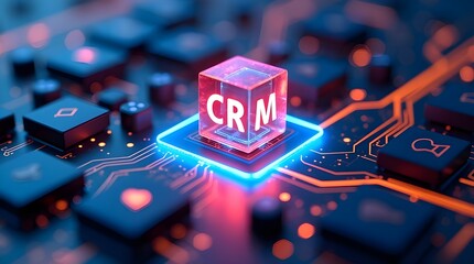 Futuristic CRM technology cube glowing on digital circuit board, representing customer relationship management, data analytics, automation, business intelligence, and modern enterprise solutions