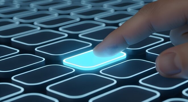 Close up of a finger pressing a glowing blue button on a dark keyboard