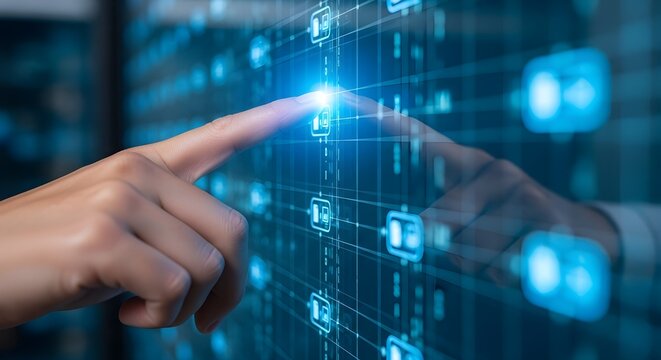 Close up of a person s hand touching a futuristic digital interface with glowing blue data streams