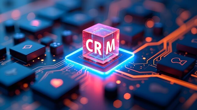 Futuristic CRM technology cube glowing on digital circuit board, representing customer relationship management, data analytics, automation, business intelligence, and modern enterprise solutions - Powered by Adobe