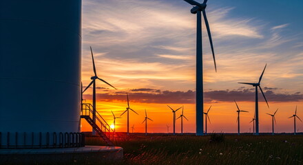 Offshore wind turbine base with ocean water at sunset creating renewable electricity. Clean energy and power generation for environment.