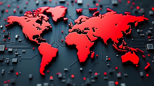 Futuristic red world map on digital circuit board, global technology network concept showcasing international connectivity, cybersecurity, data infrastructure and modern innovation systems - Powered by Adobe