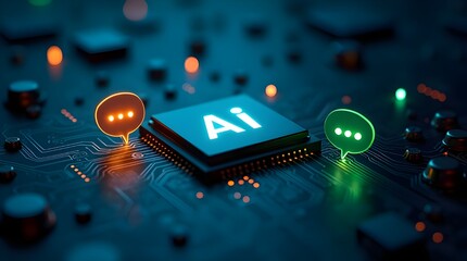 Futuristic AI microchip with glowing chat icons on advanced digital circuit board, symbolizing artificial intelligence communication, machine learning technology, data processing and smart innovation