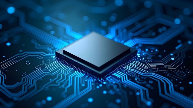 High-tech blue microchip on futuristic digital circuit board with glowing electronic pathways, advanced processor architecture, modern semiconductor technology and innovation background