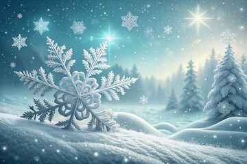 Magical winter snowflake in a snowy forest landscape