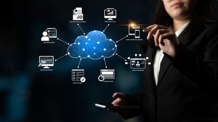 Cloud computing, cloud strategy, and cloud technology transforming digital infrastructure with scalable services, secure data storage, and cloud-based digital business solutions. Spline