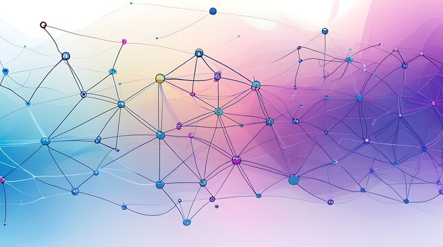 Abstract digital network connection, colorful nodes and lines.