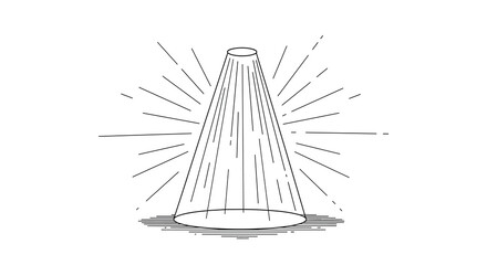 Simple hand-drawn spotlight illustration with radiating light beams and hatching shadows, isolated on a clean white background.