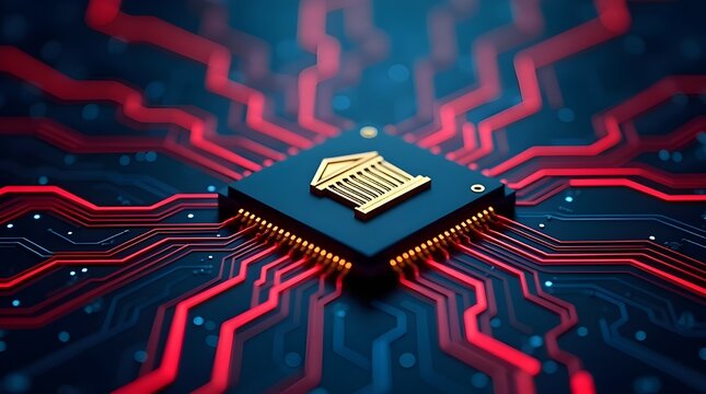 Digital banking processor chip with glowing red circuits, futuristic financial technology concept, fintech innovation, cybersecurity, online payment system, electronic economy background