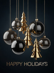 Happy Holidays. A Christmas  card of black glass baubles with metallic  stripe patterns and  polished gold geometric Christmas tree-shaped ornaments on dark background.
