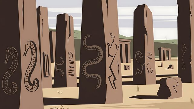 Ancient desert monoliths with snake carvings and cryptic symbols