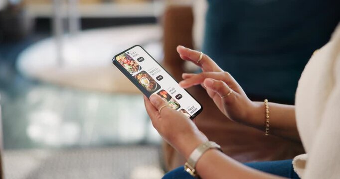 Woman, hands and phone with food menu in home for online shopping, order or takeout. Screen, female person or user scrolling with mobile smartphone for ecommerce, digital restaurant or delivery app