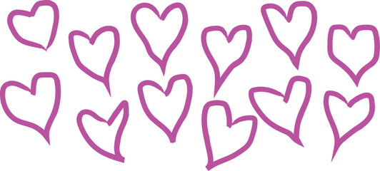 Hand-drawn ink doodle heart set with black colors and styles, vector illustration, isolated on white background 
