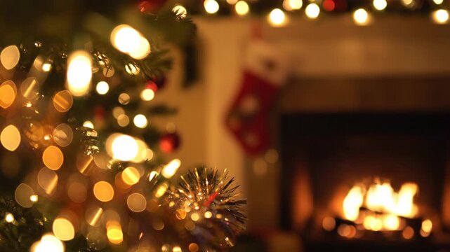Blurred christmas tree lights and fireplace with dancing flames. Warm cozy holiday ambiance video for backgrounds or relaxation.