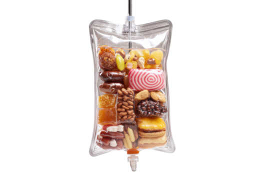 Sweet Food Iv Drip in Transparent Bag on Checkered Background