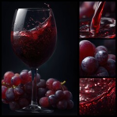 collage design of close-ups of delicious ruby red rich textured wine flows glass, grapes, against black deep background