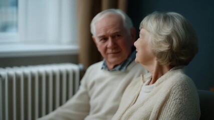An elderly couple enjoying warmth from a radiant heater in their home, symbolizing safety, health, and temperature control for senior living. cinematic color correction, natural uneven lighting yet