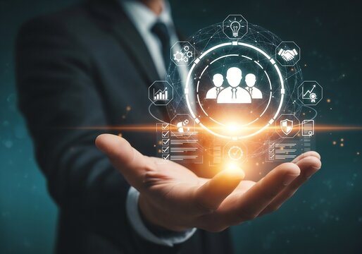 businessman pressing virtual button