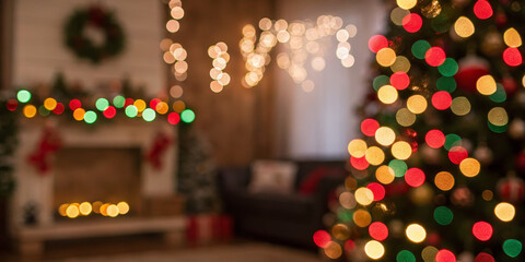 Christmas lights holiday bokeh festive decoration warm glow red green gold cozy interior living room fireplace wreath garland Embracing cozy holiday mood, soft blur and sparkling bulbs create