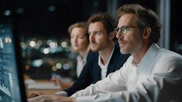 Business team in a modern office collaboratively analyzing and selecting AI software on interactive digital screens with real-time analytics overlays, symbolizing corporate innovation, data-driven - Powered by Adobe