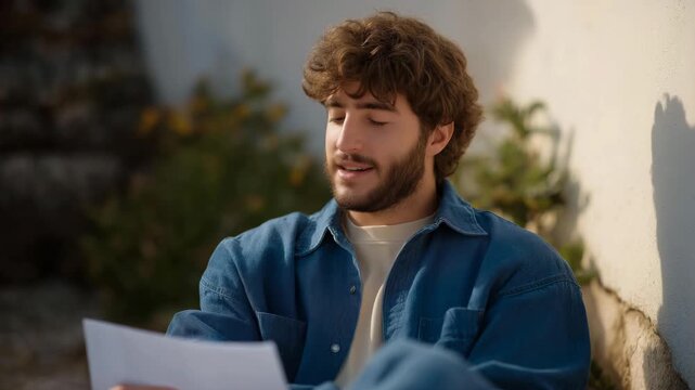 Candid moment of director resting against a wall, eyes closed with subtle smile, script in lap &mdash; symbolizing gratitude, personal fulfillment, reflective artistry, and the human emotions