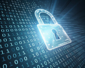 Cybersecurity data protection digital padlock binary code network security encryption cyber defense secure access information security privacy protection glow over binary matrix evokes safety