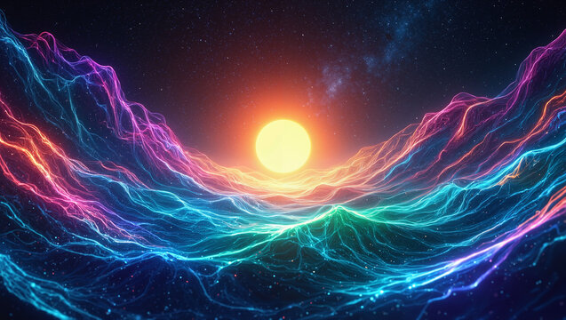 Giant sun rises in a starry sky over abstract neon-lit mountains, rainbow energy waves in ultramarine, fuchsia, emerald, and gold, perfect for synthwave, chillwave, NFT, and digital art