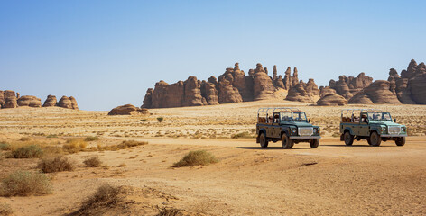 Al-Ula. Off-road cars in Hegra. Mada'in Saleh