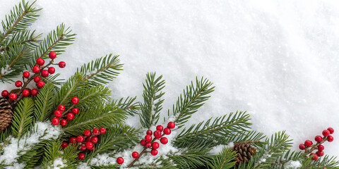 Evergreen branch red berry snow winter pine cone holiday festive white background nature rustic grace create serene border with frosty detail and cheerful contrast for seasonal design