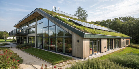 Green roof solar panel glass facade modern architecture eco building sustainable design energy efficient wooden cladding daylight nature setting filled with calm
