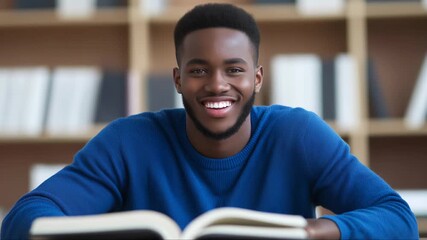 Black male student reading book and smiling confidently while studying in library, representing academic success and personal growth