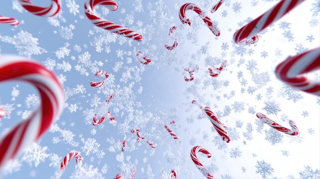 Festive candy canes and falling snowflakes in a winter wonderland - Powered by Adobe