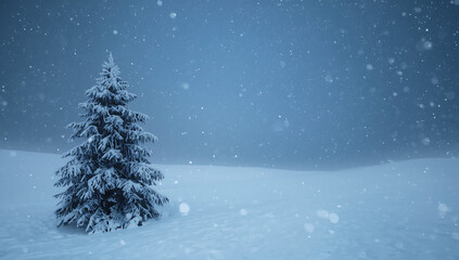Obraz premium Solitary snow-covered pine tree in a gentle snowfall against a deep blue winter sky graphic design