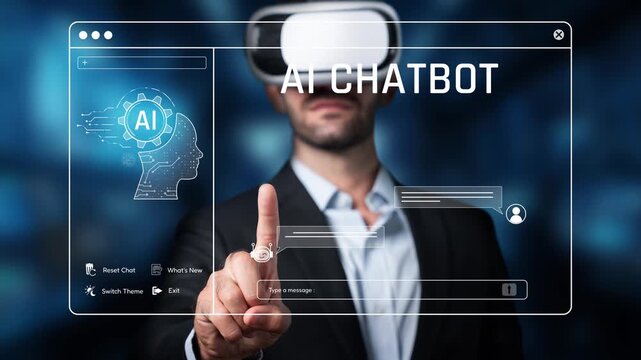 A businessman in a sleek suit engages with virtual reality technology, exploring an AI chatbot interface, showcasing the future of digital communication and interaction. Raster