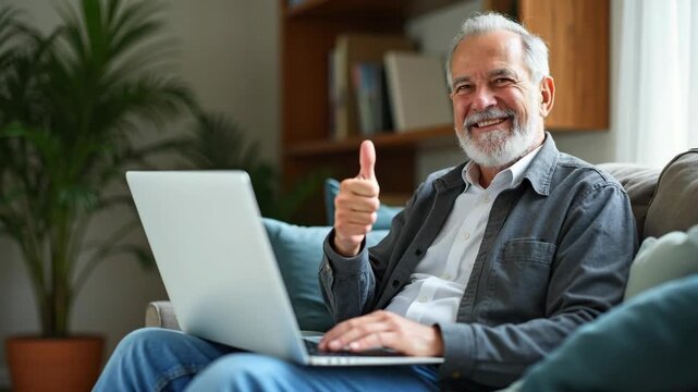 Confident elderly man sitting on a sofa with a laptop, showing thumbs up gesture. Positive attitude, remote work, comfort, and digital competence in a cozy home setting. Investor trader