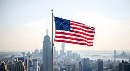 American Flag Waving over New York City Skyline and Empire State