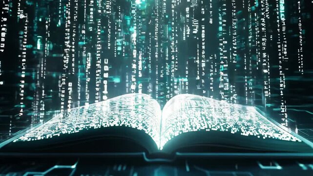 An open digital book displays bright data streams and glowing binary code flowing from its pages in a dynamic, futuristic setting