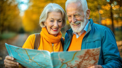 Senior couple, happy mood, exploring a map together in an autumn park