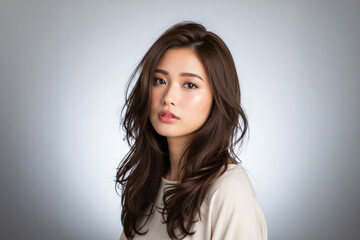 Fototapeta premium ロングヘアの女性、ヘアカラー、ココアブラウン