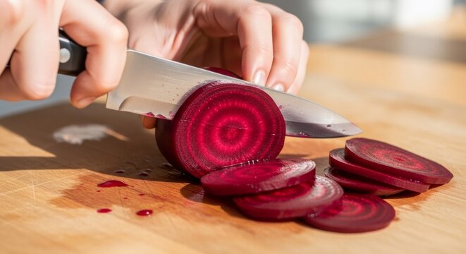 Woman slicing fresh red beet with a knife on a wooden cutting board for cooking preparation. Healthy food ingredient.