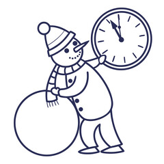 Snowman holding a large snowball and a clock winter