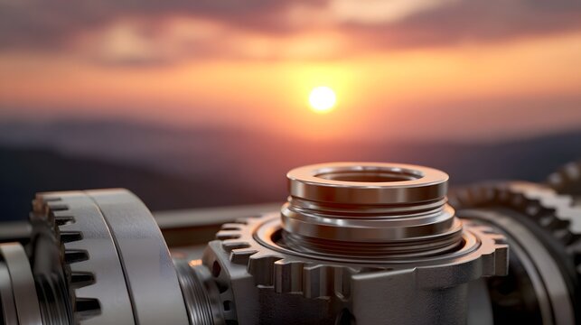 Intricate metal gears are highlighted by a vibrant sunset over a blurred mountainous horizon evoking a sense of industrial progress