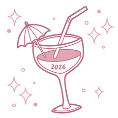 Pink cocktail with umbrella and straw with year 2026