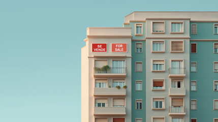 A tall modern residential building features clear red signs indicating properties for sale. Blue sky and minimalist design highlight the real estate offering.