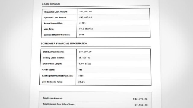 Close-up loan application document with approved status and financial calculation display