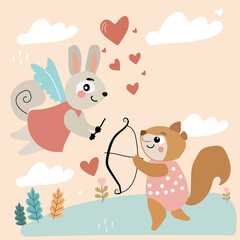 Sweet bunny cupid flying over squirrel with hearts