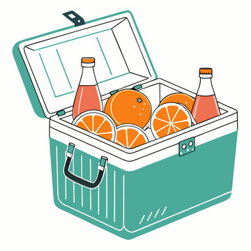 Open cooler box filled with oranges and drinks ice chest