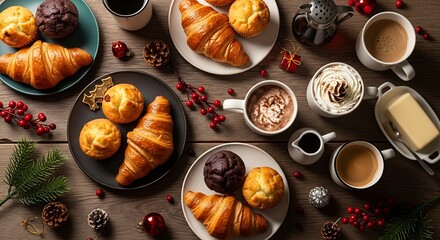 Cozy christmas morning breakfast with coffee, croissants, muffins, and festive decorations